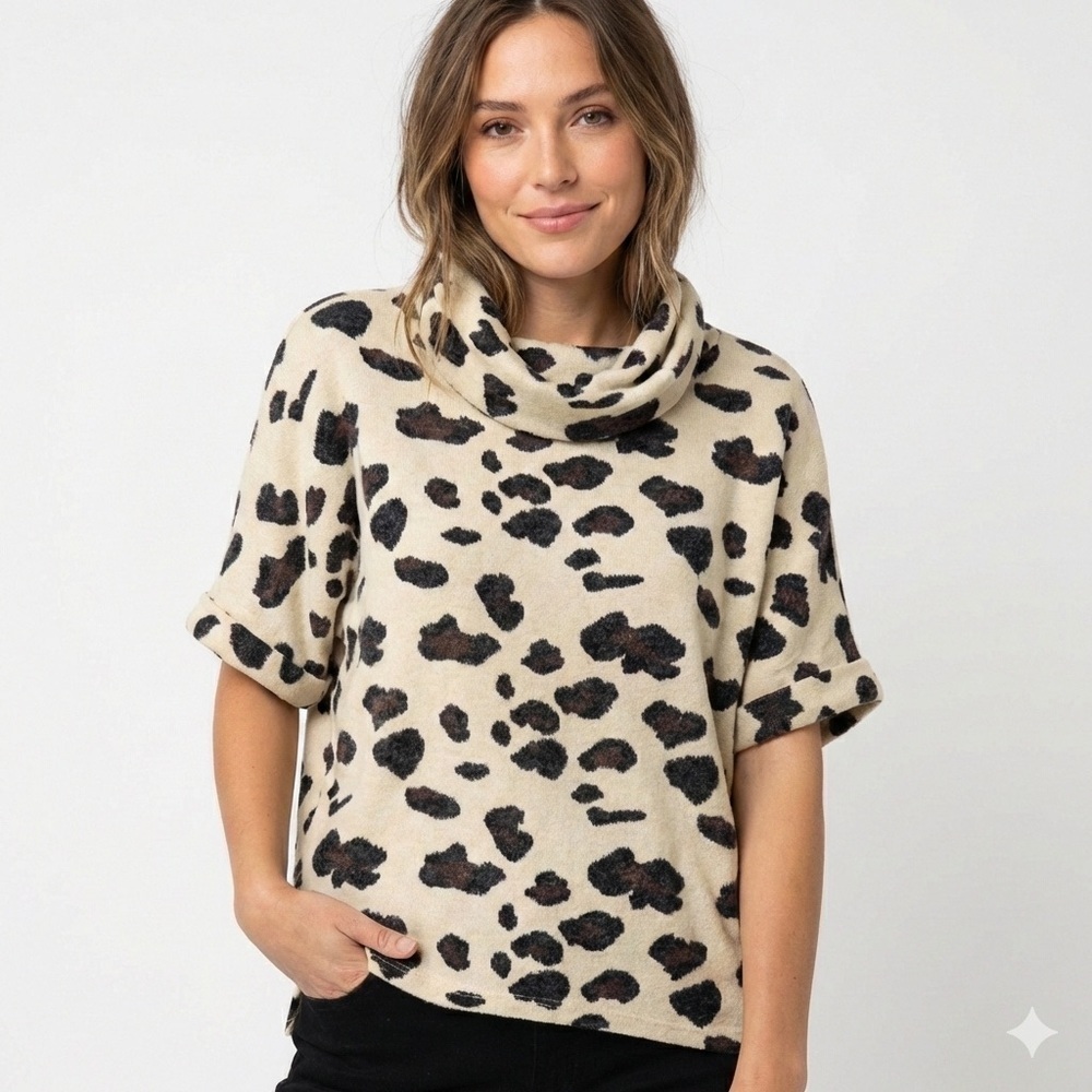 First Love by Lovelyn Leopard Cowl Neck Poncho Sweater Top Size Medium